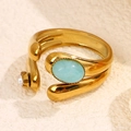 French vintage wide titanium steel ring in gold finish with light blue natural stone inlay - Light Green Gemstone Style (A4831)
