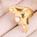 Golden leaf ring with three white round stones and detailed vein texture on band - 3D Leaf Open Ring / White