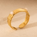 Vintage style adjustable 18K gold plated stainless steel ring with white stone beads - White