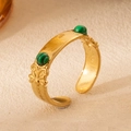 Vintage 18K gold plated stainless steel open ring with green malachite stone inlay - Green