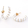 White enamel C-shaped earrings with gold spiral stripes in polished stainless steel finish - One Pair / White Enamel Stripe (A1882)