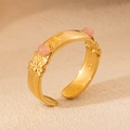 Vintage 18K gold-plated stainless steel open ring with dual pink beads and floral relief - Pink