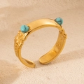 Retro 18K gold-plated stainless steel ring with turquoise stones and floral engravings - Blue
