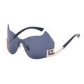 Fashionable rimless wrap sunglasses with oversized dark grey lenses and gold greek key temples - Glossy Black Gold Frame Grey Lens