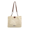 Minimalistische beige Canvas-Tragetasche mit braunen Ledergriffen und Ketten-Details - Cremeweiß