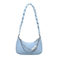 Light blue pleated faux leather underarm bag with silver chain and pearl decoration - Blue