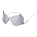 Frameless shield sunglasses with silver mirrored lenses and white Greek key arms - White Mercury Coated