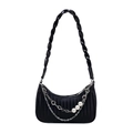 Black pleated underarm bag with thick woven strap and pearl chain decoration - Black