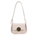 Minimalist beige PU leather shoulder bag with circular gold metal twist lock closure - Off White