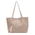 Borsa tote beige in ecopelle con manico in foulard floreale e perla in legno - Bianco Sporco