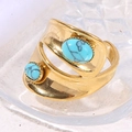 Bohemian gold-plated double-layer wrap ring with oval turquoise stones and polished finish - Blue Turquoise Style (A4909)
