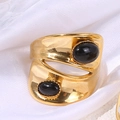 Double-layered gold-plated ring featuring two oval black gemstones on white satin - Black Onyx Style (A4912)