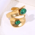 Double-layer gold titanium steel ring featuring two oval green malachite stones - Green Malachite Style (A4913)