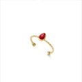 Macro shot of gold textured ring band with a pear-shaped red stone and bead details - Red Teardrop Open Ring / Brown