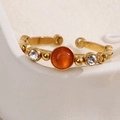 Adjustable golden bamboo ring with orange cat-eye stone and clear side zircons - Red Cat Eye Stone (A4936)