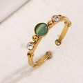 Gold bamboo ring with green cat eye stone and cubic zirconia in a matte finish - Dark Green Cat Eye Stone (A4938)