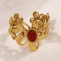 Golden flower open ring with red stone inlay in high-quality stainless steel - Red (A4923)