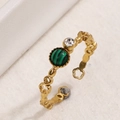 Adjustable gold flower ring with green malachite style bead and clear zircon stone - Sold Individually / Green Style (A4943)