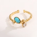 Gold-plated stainless steel open ring with oval turquoise stone and white zircons - Turquoise Style (A4933)
