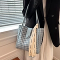 Borsa tote celeste con motivo pied-de-poule e nastro alla moda per università - Stile Pied de Poule Blu / Blu