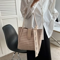 Borsa tote marrone pied-de-poule per donna con nastro alla moda e fibbia in pelle - Stile Pied de Poule Cachi / Cachi