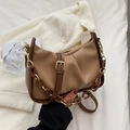 Retro brown patchwork ruched cloud bag with acrylic chain strap and vintage buckle detail - Khaki