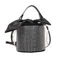 Funkelnde schwarze Beuteltasche mit silbernen Strasssteinen und großer Lederschleife - Weiß