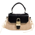 Borsa a mano retrò in paglia intrecciata da donna con finiture in pelle e chiusura a V - Nero