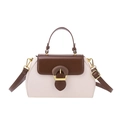 Retro two-tone leather handbag in cream and brown with golden metal buckle and shoulder strap - Milky White