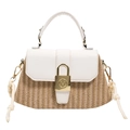Borsa a tracolla in paglia e pelle bianca con chiusura in metallo dorato circolare - Bianco