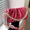 Rose pink ruched cloud bag featuring pearl handle and stylish printed silk scarf - Pink