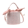 Rosa Eimer-Tasche mit Strassbesatz, Kordelzug-Schleife und Schultergurt - Rosa