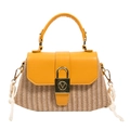 Borsa a mano intrecciata artigianale con corpo in paglia beige e finiture in pelle gialla - Giallo