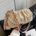 Creamy white pleated cloud bag with pearl chain and elegant silk scarf decoration - White
