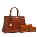 Three-piece brown faux crocodile leather bag set including tote, envelope wallet, and pouch - Brown 3-Piece Set