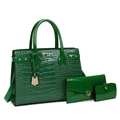 Three-piece green crocodile texture tote bag set with high-gloss finish and gold hardware - Green 3-Piece Set