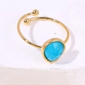 Adjustable gold plated stainless steel ring featuring a teardrop blue stone inlay - A4956 Blue / Blue