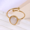 Adjustable golden stainless steel ring with teardrop grey stone and ball accents - A4957 White / White