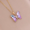 Close-up of purple gradient crystal butterfly pendant with gold chain and zircon accents - Light Purple