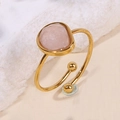 Adjustable golden stainless steel ring with teardrop rose quartz in bezel setting - Pink
