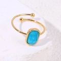 Adjustable gold titanium steel ring featuring an oval blue natural stone and beads - Open/Adjustable / Blue