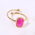 Adjustable gold titanium ring with a large oval pink natural stone in a French style - Open/Adjustable / Rose Red
