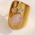 Gold wide band ring featuring pink oval gemstone and small white zircon inlay - Pink Style (A4914)