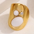 Wide gold-finished stainless steel ring featuring three white and clear stone inlays - White Style (A4915)