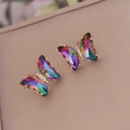 Detail of colorful butterfly stud earrings with rainbow crystal wings and gold plating - 925 Silver Pin Butterfly Studs / Rainbow