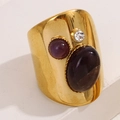 Vintage wide gold ring with oval purple gemstone and small sparkling diamond inlay - Purple Style (A4916)