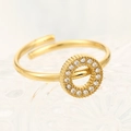 Adjustable gold open ring featuring a hollow circle set with sparkling white zircons - O-Letter Geometric Style (A4559)