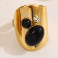 Retro wide gold band ring featuring oval black gemstone and clear crystal accents - Black Style (A4917)