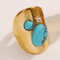 Vintage gold-plated wide band ring with turquoise stones and a small zircon accent - Blue/Turquoise Style (A4918)