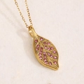 Titanium steel leaf pendant necklace featuring pink-purple pavé crystals in gold finish - Pink Style (A4896)